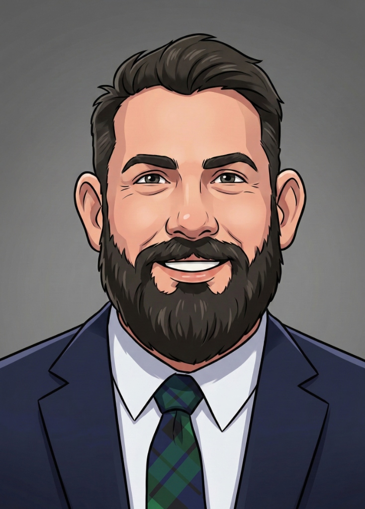 Illustrated portrait of Jon Barclay in a navy suit with tartan tie